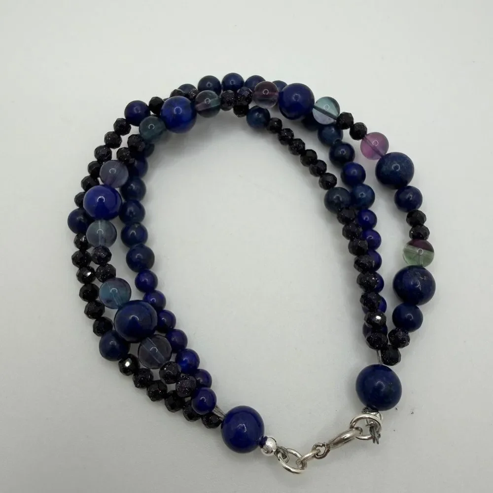 Three‎ strands of Lapis Lazuli, Fluorite, and Sandstone beaded bracelet w/ 925!